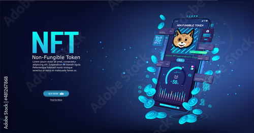 Buy NFT Crypto Token with Mobile Phone App. Banner Non-fungible token and smartphone with app for buying crypto arts. NFT token in blockchain technology. 3D illustration Crypto Art Application. Vector