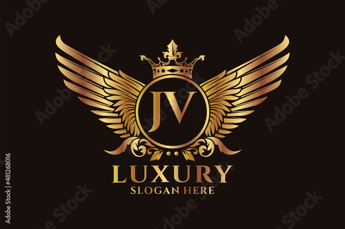 Luxury royal wing Letter JV crest Gold color Logo vector, Victory logo, crest logo, wing logo, vector logo template.