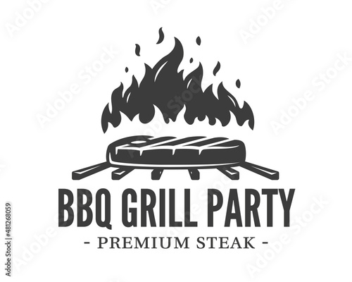 Barbecue logo with steaks on fire on grill isolated on white background. BBQ concept. Vector illustration