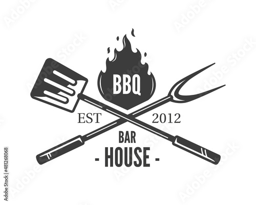 Barbecue logo with spatula fork and fire isolated on white background. BBQ concept. Vector illustration
