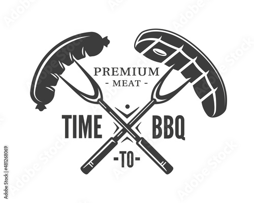 Barbecue logo with steak and sausage on forks isolated on white background. BBQ concept. Vector illustration