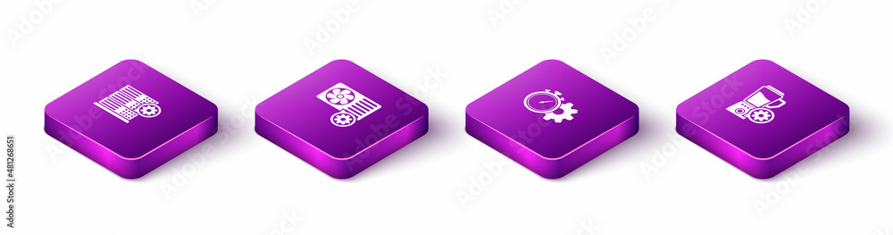 Set Isometric Server setting, Air conditioner, Time management and Blender with bowl icon. Vector Set Isometric Server setting, Air conditioner, Time management and Blender with bowl icon. Vector