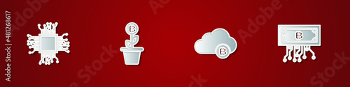 Set Processor, Bitcoin plant in the pot, Cryptocurrency cloud mining and bitcoin with circuit icon. Vector