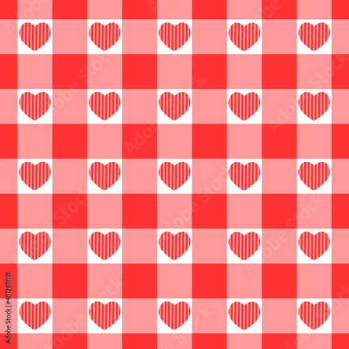 Valentine day checkered seamless pattern with striped hearts. Gingham texture for picnic blanket, tablecloth, plaid. Fabric geometric background, retro vichy design. Vector flat illustration
