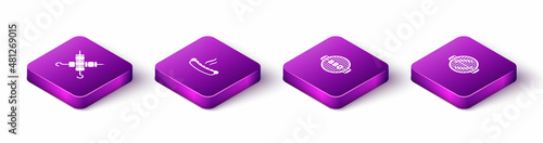 Set Isometric Grilled shish kebab, Hotdog sandwich, Barbecue grill and with sausage icon. Vector