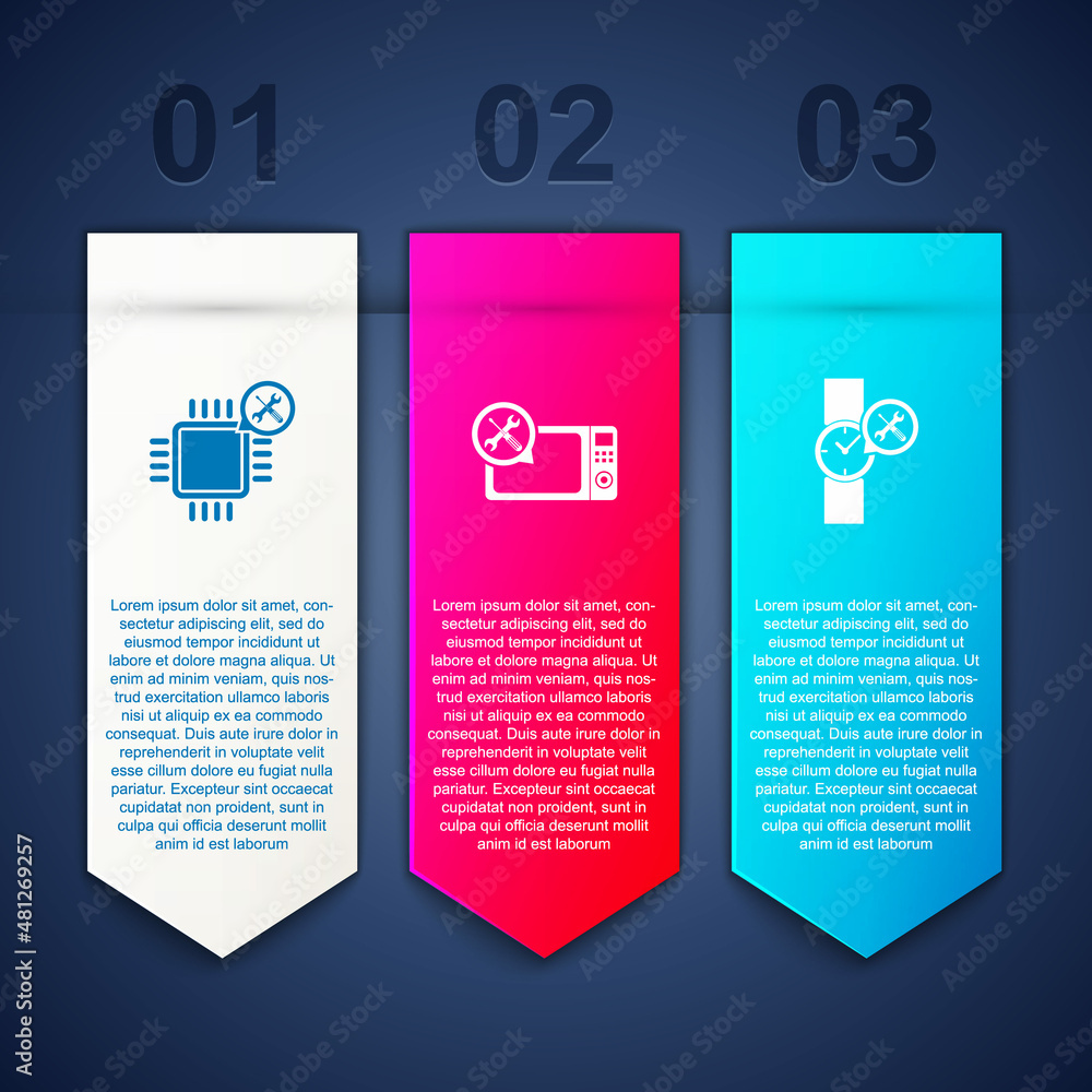 Set Processor service, Microwave oven and Wrist watch. Business infographic template. Vector Set Processor service, Microwave oven and Wrist watch. Business infographic template. Vector