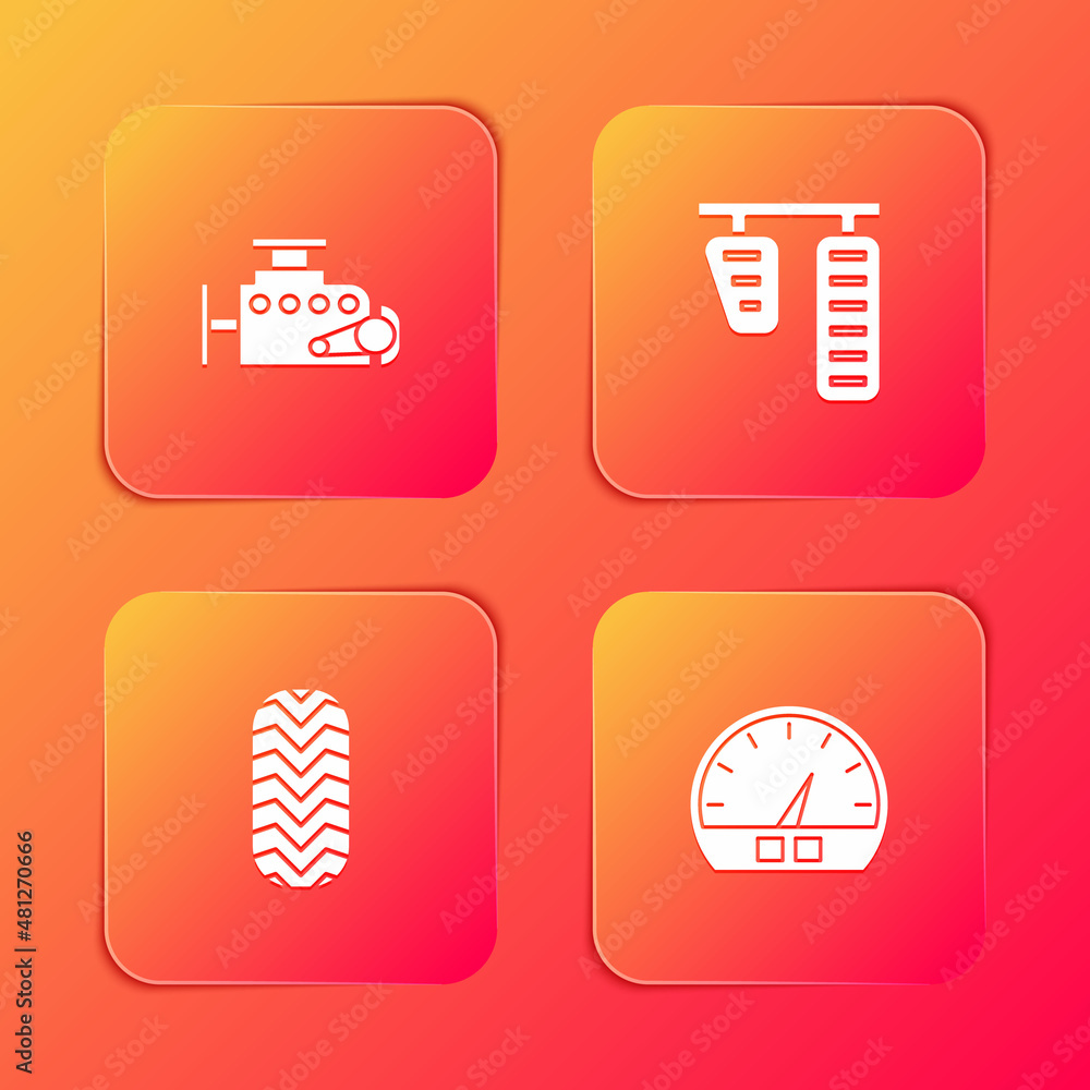 Set Car engine, gas and brake pedals, tire and Speedometer icon. Vector Set Car engine, gas and brake pedals, tire and Speedometer icon. Vector
