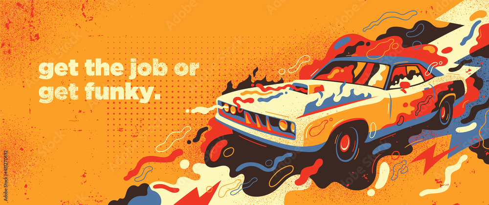 Colorful abstract graffiti design with retro car and various splashing shapes. Vector illustration.