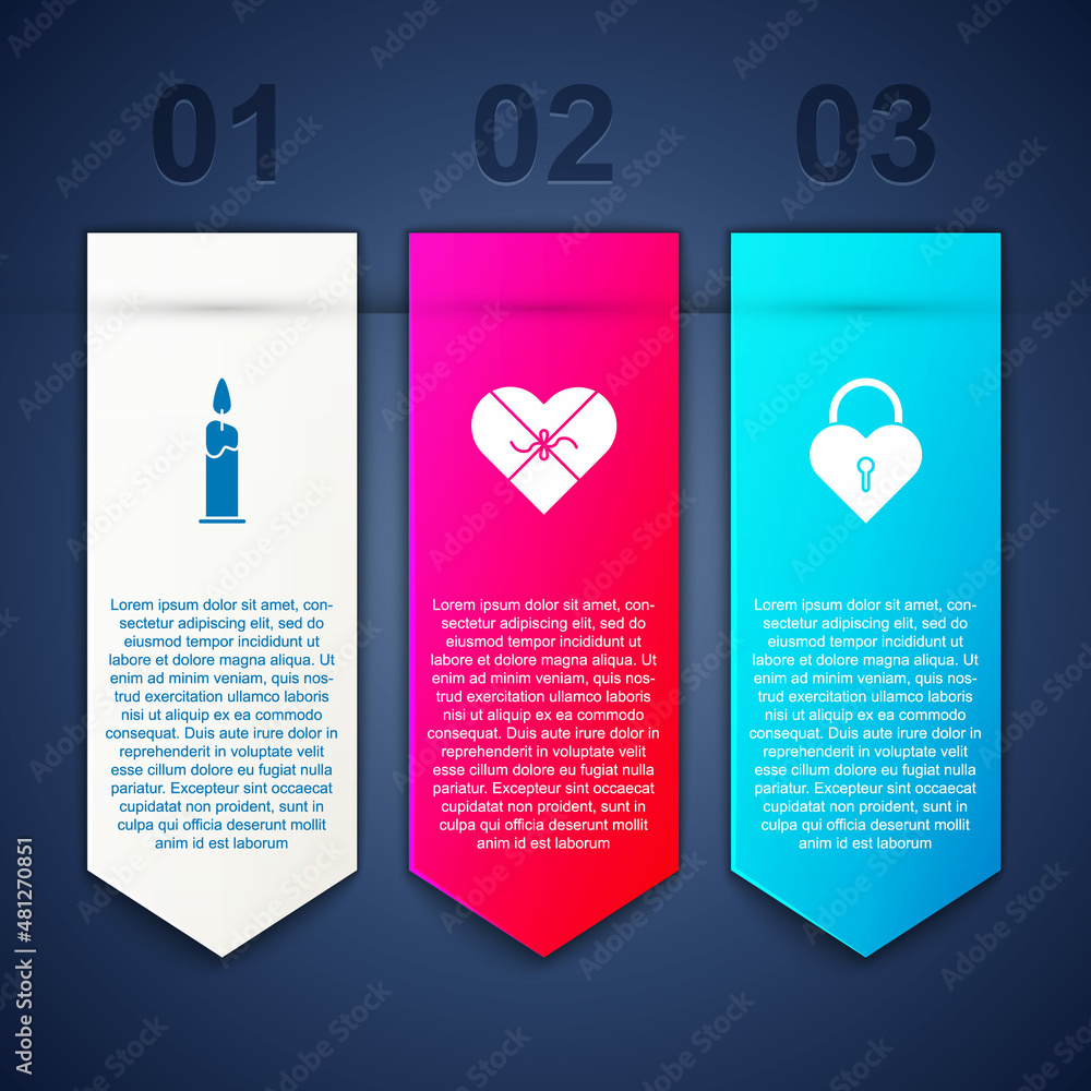 Set Burning candle, Candy heart shaped box and Castle the of. Business infographic template. Vector Set Burning candle, Candy heart shaped box and Castle the of. Business infographic template. Vector