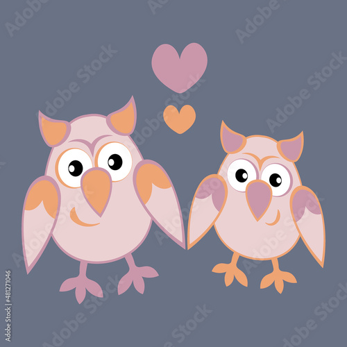 two owls in love with hearts. Cartoon birds. Pastiche. Children drawing