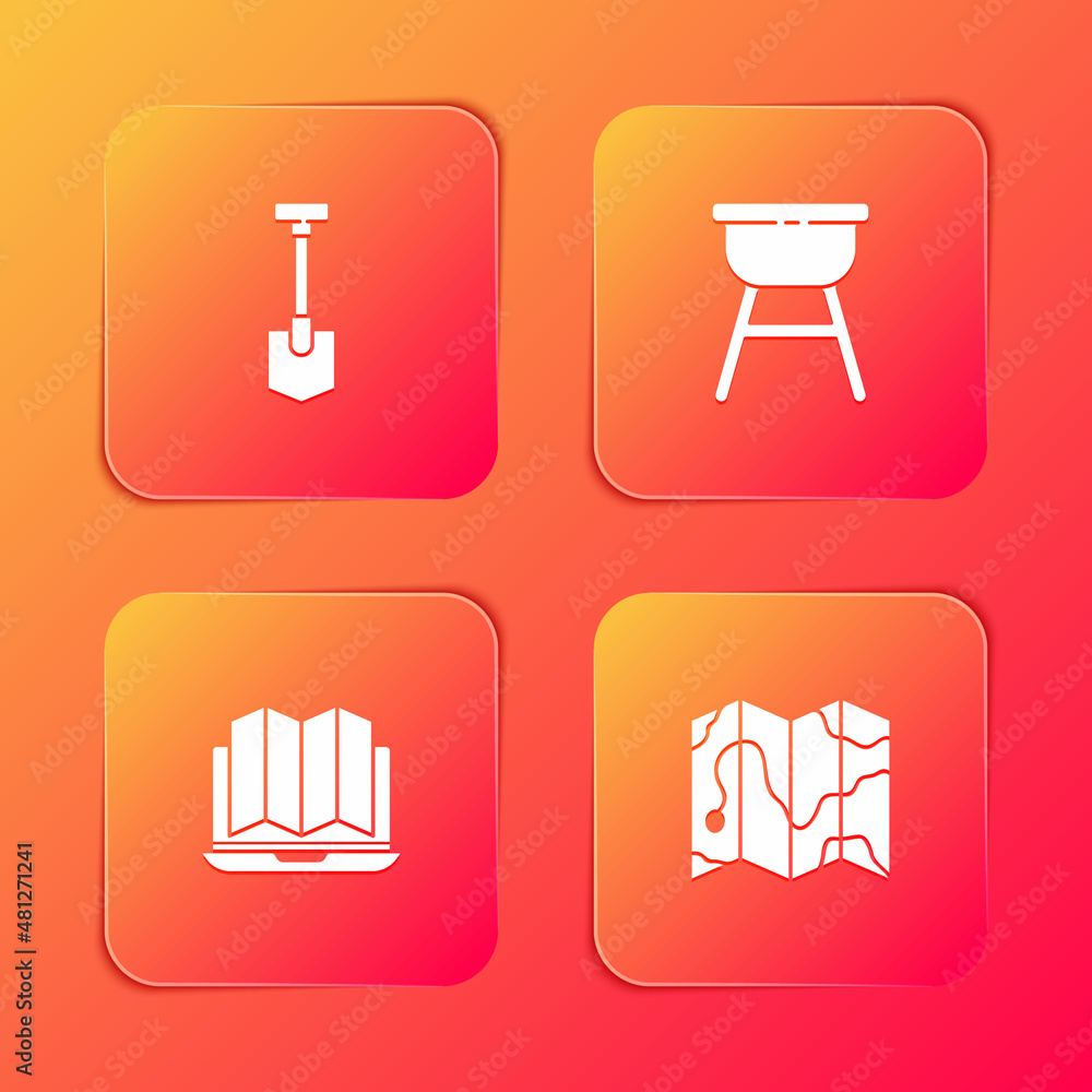 Set Shovel, Barbecue grill, Location of the forest in laptop and map icon. Vector Set Shovel, Barbecue grill, Location of the forest in laptop and map icon. Vector