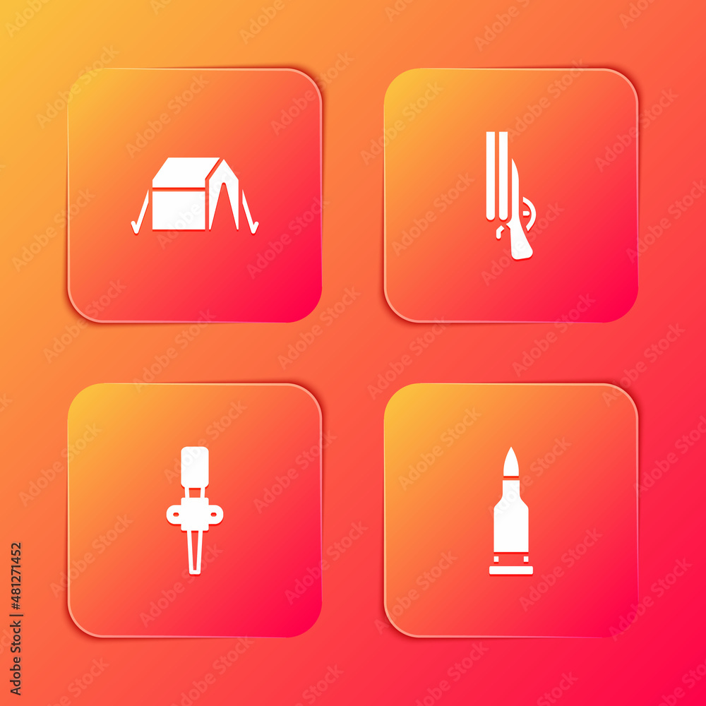 Set Tourist tent, Shotgun, Torch flame and Bullet icon. Vector Set Tourist tent, Shotgun, Torch flame and Bullet icon. Vector
