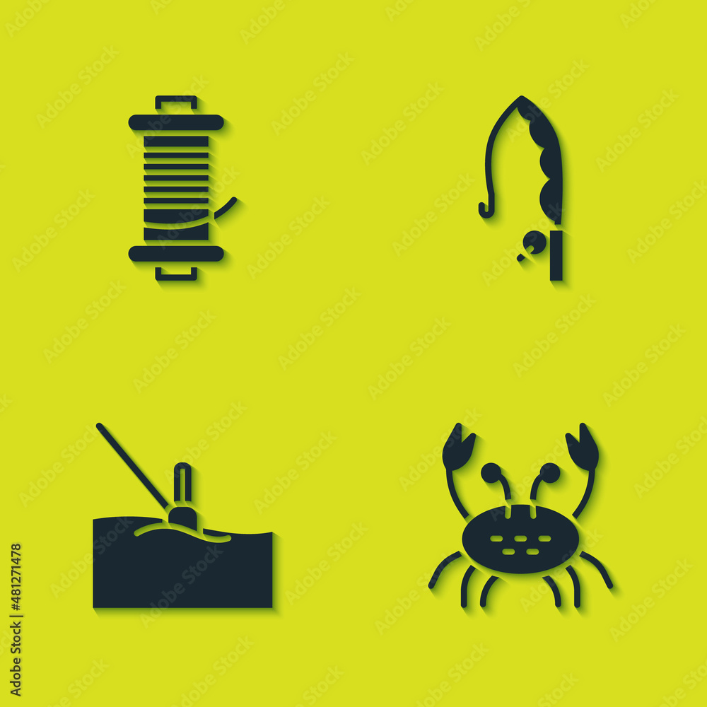 Set Spinning reel for fishing, Crab, Fishing float water and rod icon.  Vector Stock Vector