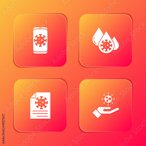 Set Virus statistics on mobile, Blood test and virus, Clipboard with blood results and Hand icon. Vector