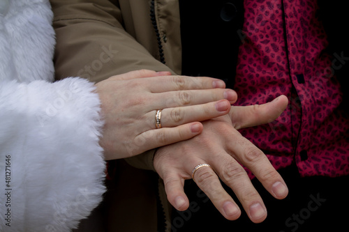 hands of the bride and groom with rings. wedding rings. husband and wife. wedding day.