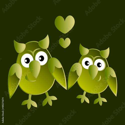 two owls in love with hearts. Cartoon birds. Pastiche. Children drawing