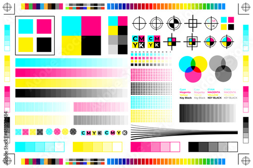 CMYK Print Calibration Illustration with Offset Printing Marks and Color Test