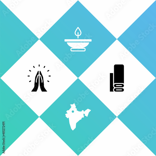 Set Hands in praying position, India map, Aroma lamp and Indian textile fabric icon. Vector