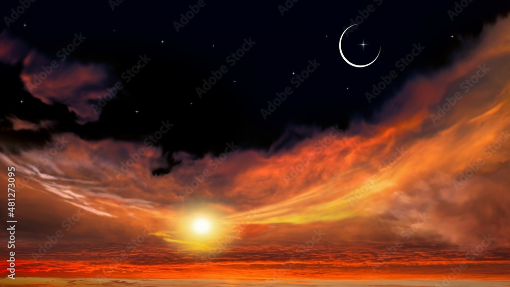 Sunset and new moon . Prayer time . Generous Ramadan