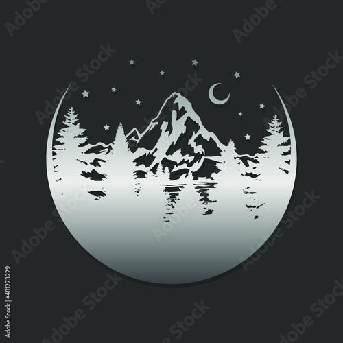 Mountain Scene Illustration Clip Art Design Shape. Forest Night Silhouette Icon Vector.
