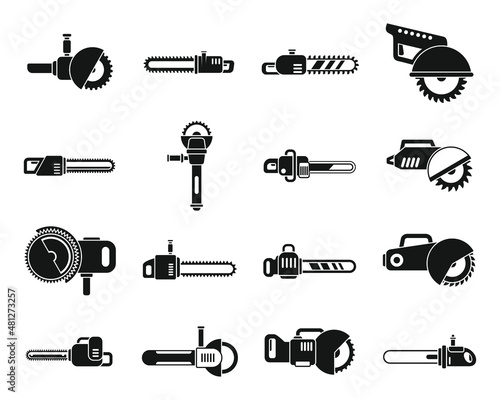Electric saw icons set simple vector. Chainsaw equipment