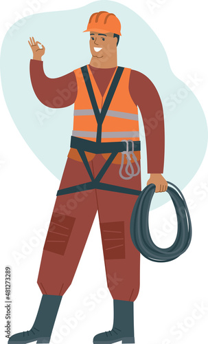 High-rise construction worker holding rope. Climber Safety equipment. Repair service and construction concept.