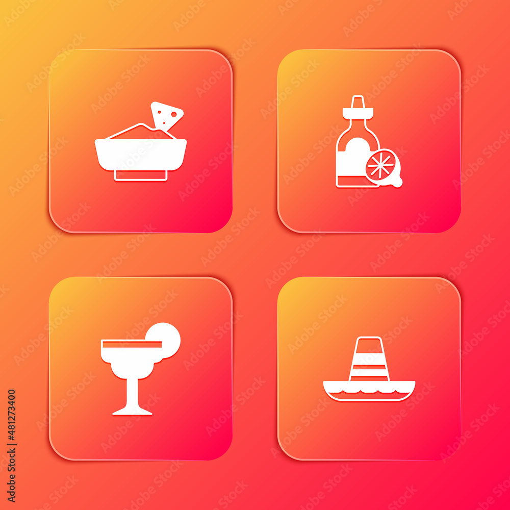 Set Nachos in bowl, Tequila bottle with lemon, Margarita cocktail and Mexican sombrero icon. Vector Set Nachos in bowl, Tequila bottle with lemon, Margarita cocktail and Mexican sombrero icon. Vector