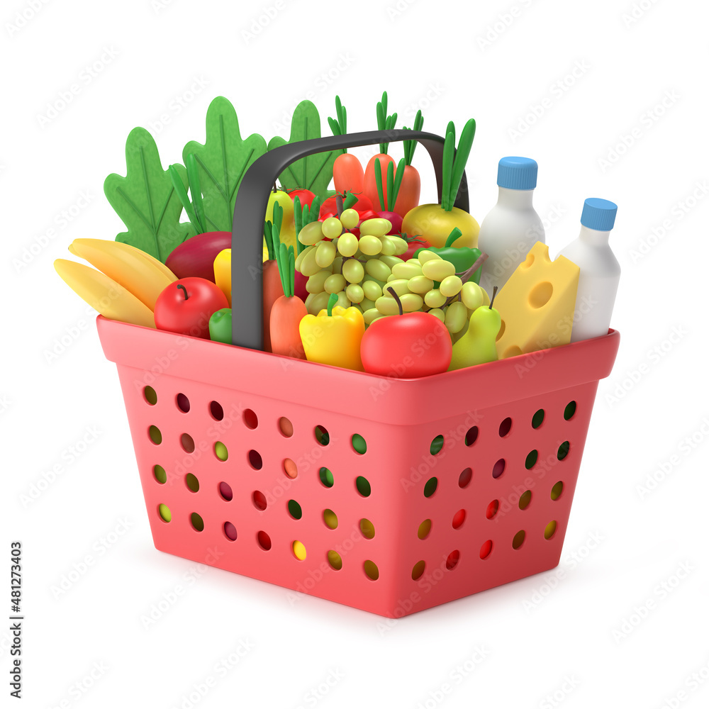 Shopping basket with groceries. Full red plastic grocery or food cart with products in cartoon style, side view, isolated on white. 3d rendering. Shopping basket with groceries. Full red plastic grocery or food cart with products in cartoon style, side view, isolated on white. 3d rendering.