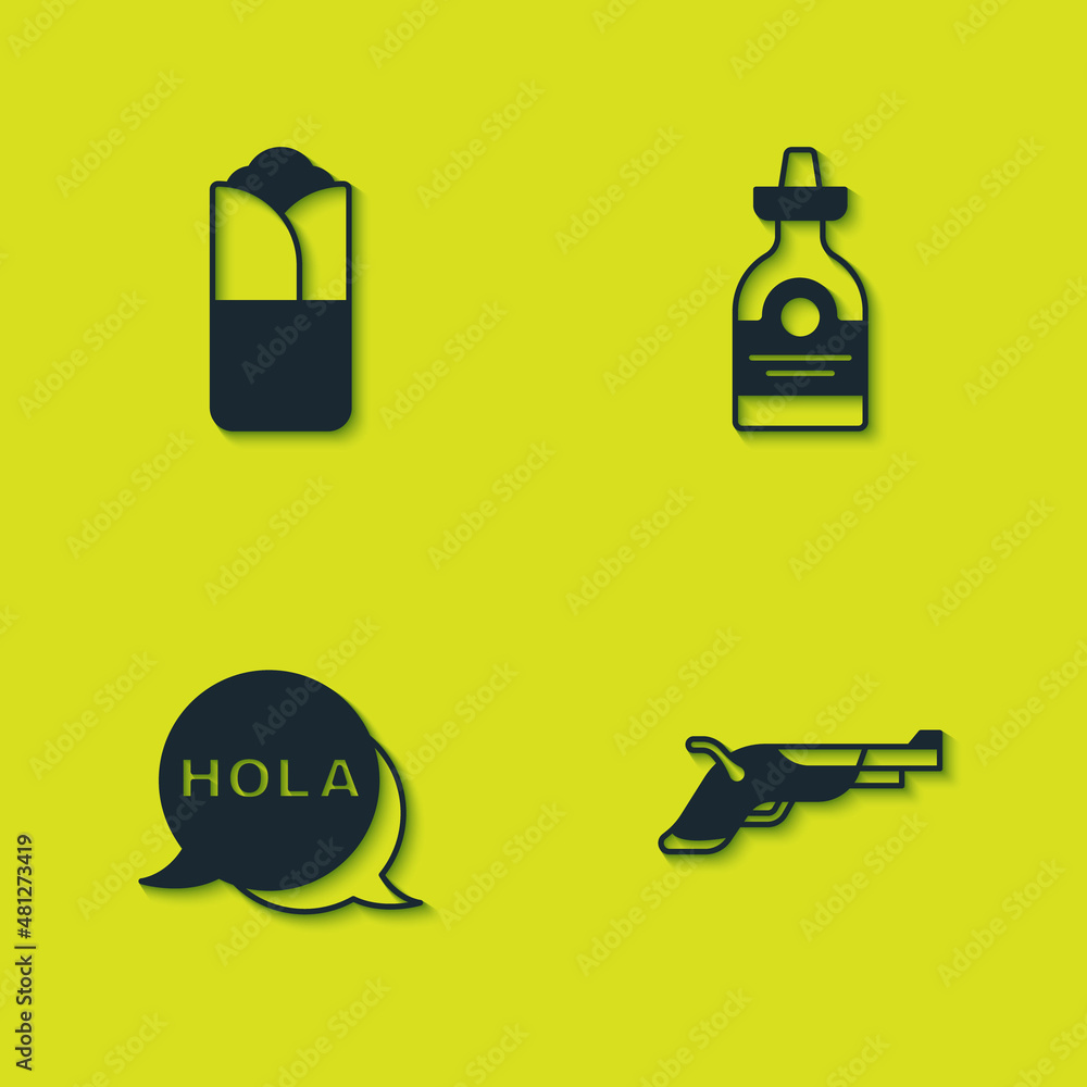 Set Burrito, Vintage pistols, Hola and Tequila bottle icon. Vector