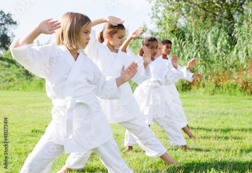 Group of young children doing karate kicks during karate class in summer park