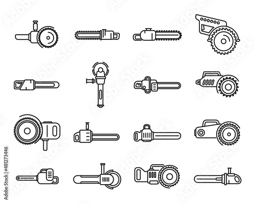 Electric saw icons set outline vector. Chainsaw equipment