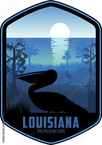 Louisiana vector label with brown pelican and swamp wetland sea coast
