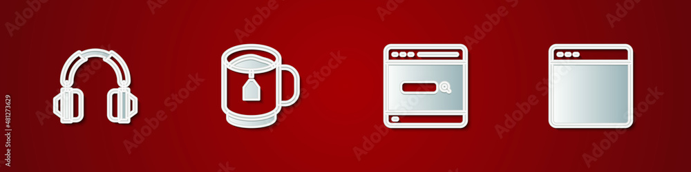 Set Headphones, Cup of tea with tea bag, Search engine and Browser window icon. Vector Set Headphones, Cup of tea with tea bag, Search engine and Browser window icon. Vector
