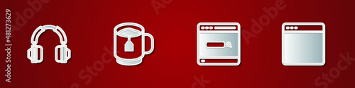 Set Headphones, Cup of tea with tea bag, Search engine and Browser window icon. Vector