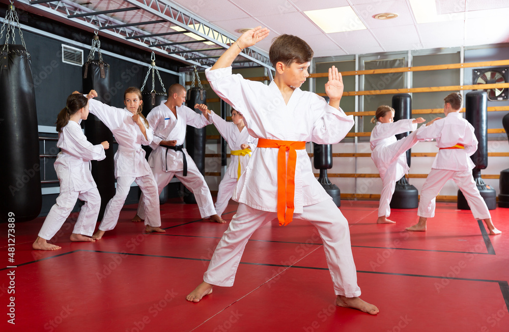 Portrait of school child boy wearing in kimono, practicing new moves during karate class