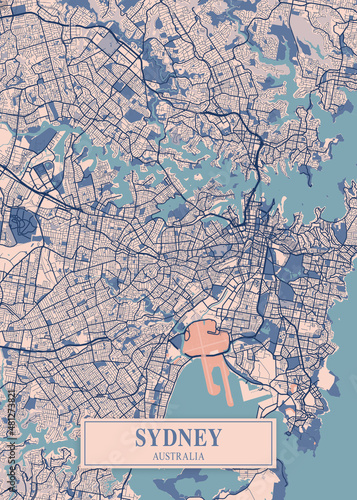 Sydney city map poster print. Detailed map of Sydney (Australia)