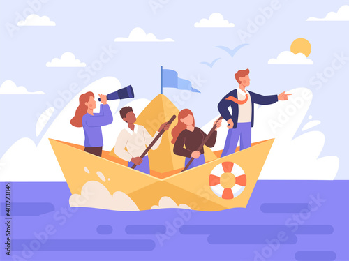Leadership to lead business in crisis. Businessman with team sailing on paper boat. Colleagues support to achieve success and promote company. Vision or strategy. Cartoon flat vector illustration