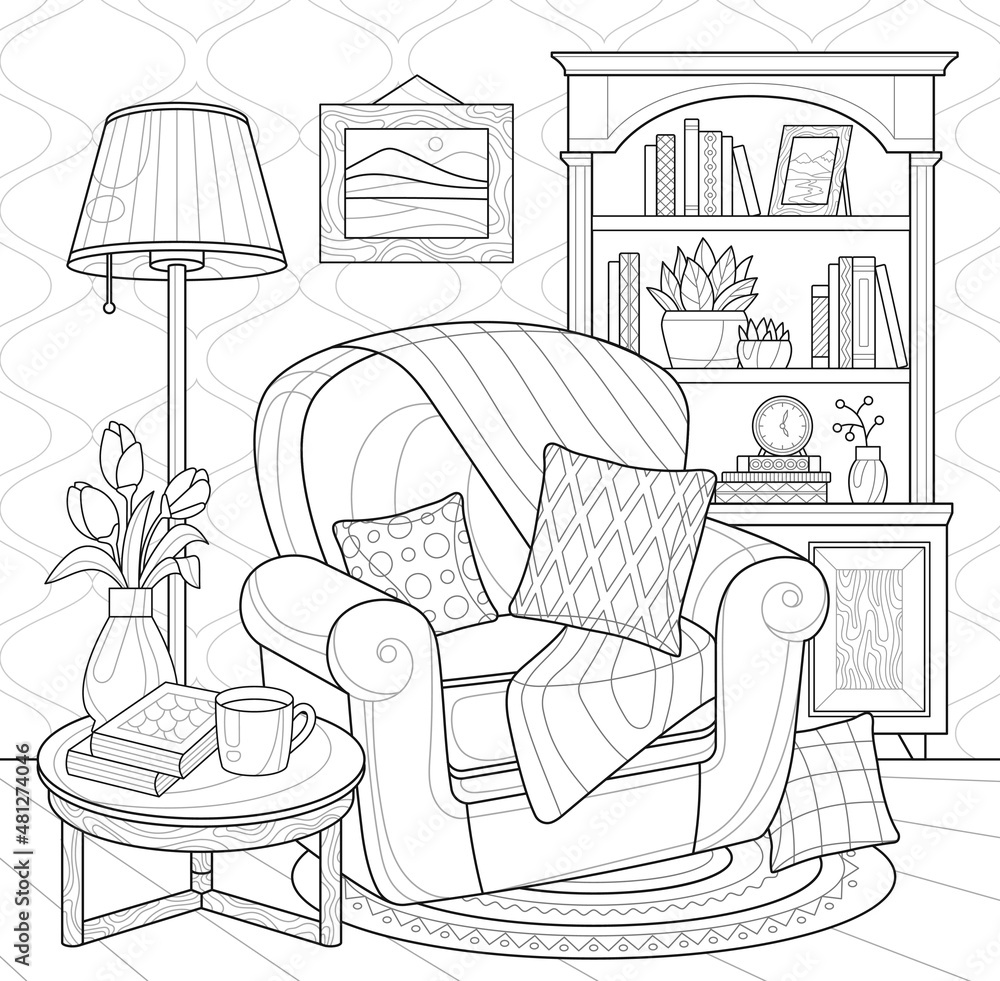 Armchair with cushions in office concept. Antistress coloring book with ...