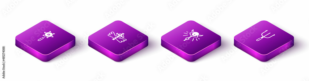 Set Isometric Medieval chained mace ball, Christian cross, Magic staff and Neptune Trident icon. Vector Set Isometric Medieval chained mace ball, Christian cross, Magic staff and Neptune Trident icon. Vector