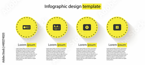 Set Record button, Music equalizer, and Stop media. Business infographic template. Vector