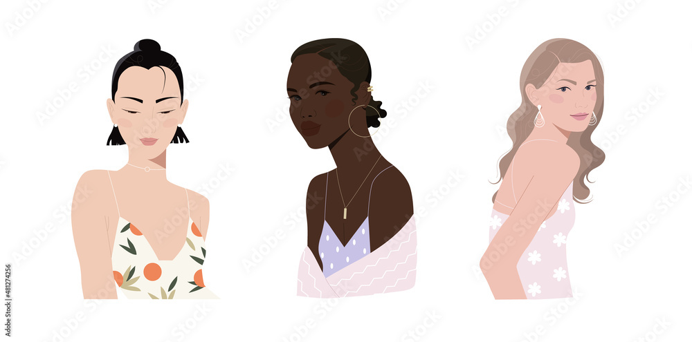 Set of beautiful young women. Female characters with healthy skin love themselves. Design elements for cosmetics or social networks. Cartoon flat vector collection isolated on white background Set of beautiful young women. Female characters with healthy skin love themselves. Design elements for cosmetics or social networks. Cartoon flat vector collection isolated on white background