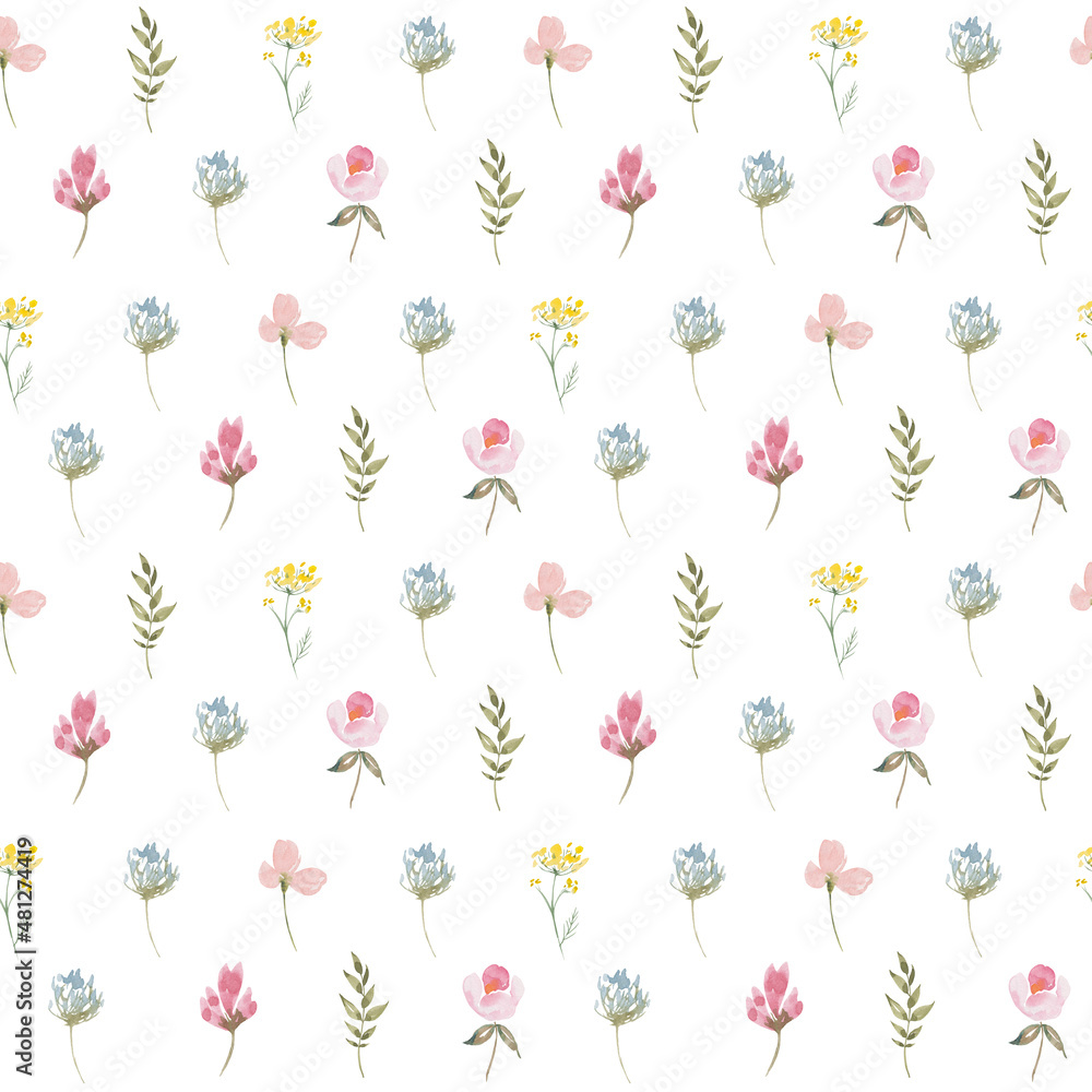 Fototapeta premium Watercolor botanical seamless pattern wild flowers and garden plants. Hand drawn leaves, pink flowers, herbs and natural elements. For birthday, wedding card, love, invitation, march, easter.