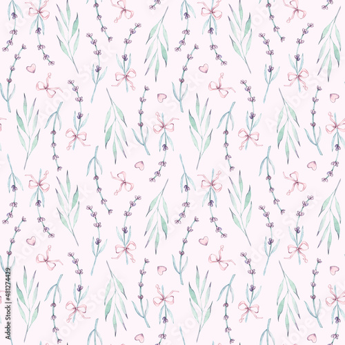 Watercolor seamless pattern with rustic Provence Lavender flowers  hearts  bow  leaves. For wear  birthday  valentine cards  linen  wrapping  wallpaper march  easter  happy easter  wedding.
