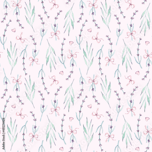 Watercolor seamless pattern with rustic Provence Lavender flowers, hearts, bow, leaves. For wear, birthday, valentine cards, linen, wrapping, wallpaper,march, easter, happy easter, wedding.