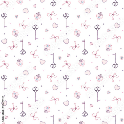 Watercolor seamless wedding day pattern with key, brooch, heart, pendant, bow, ribbon. For baby shower party, clothes, bachelorette party, valentine cards, linen, wrapping paper, wallpaper, textile.