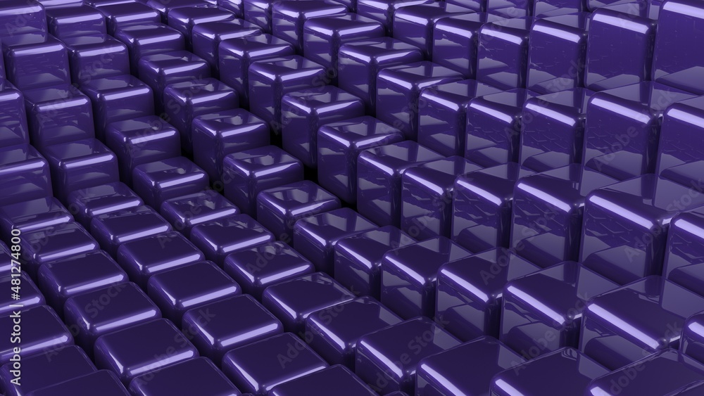 Abstract background with waves made of a lot of purple cubes geometry primitive forms that goes up and down under black-white lighting. 3D illustration. 3D CG. High resolution. Abstract background with waves made of a lot of purple cubes geometry primitive forms that goes up and down under black-white lighting. 3D illustration. 3D CG. High resolution.