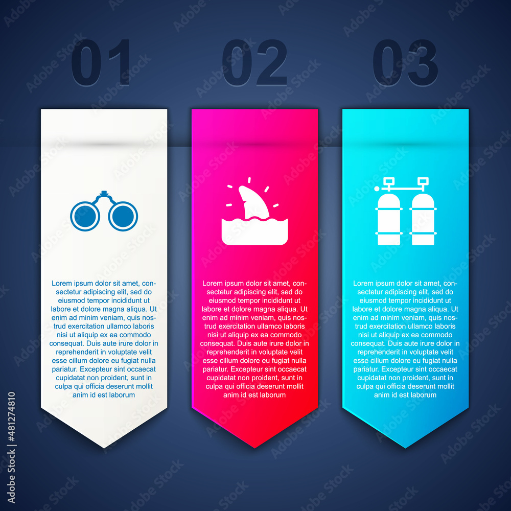 Set Binoculars, Shark fin ocean wave and Aqualung. Business infographic template. Vector Set Binoculars, Shark fin ocean wave and Aqualung. Business infographic template. Vector