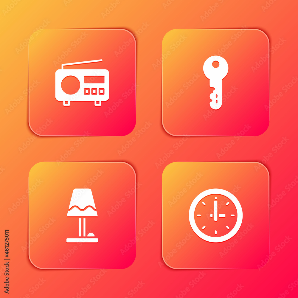Set Radio, House key, Table lamp and Clock icon. Vector Set Radio, House key, Table lamp and Clock icon. Vector