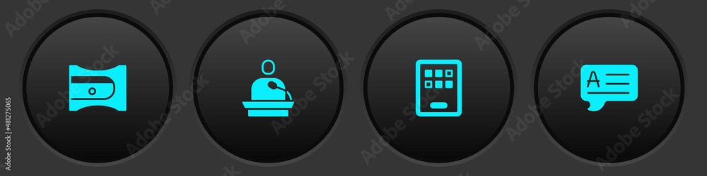 Set Pencil sharpener, Gives lecture, Graphic tablet and Speech bubbles with Answer icon. Vector Set Pencil sharpener, Gives lecture, Graphic tablet and Speech bubbles with Answer icon. Vector