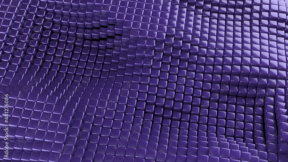 Naklejka premium Abstract background with waves made of a lot of purple cubes geometry primitive forms that goes up and down under black-white lighting. 3D illustration. 3D CG. High resolution.
